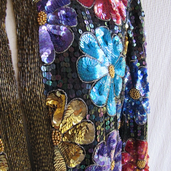 Vintage Evening Sequin Evening Jacket Mod Floral Designer Silk Colorful - Picture 11 of 13